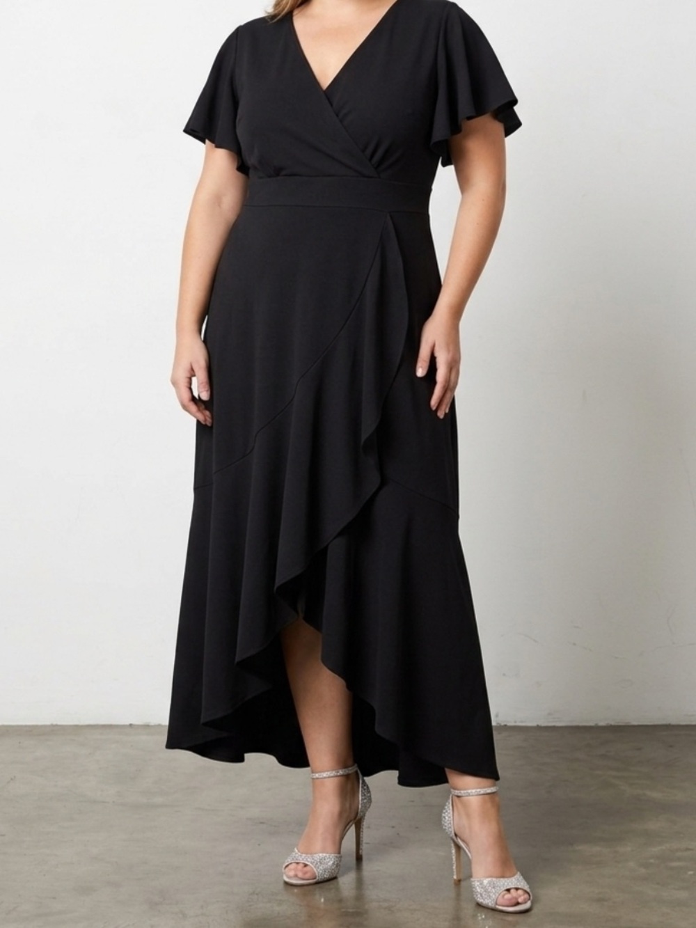 XL Black high low ruffle faux wrap dress